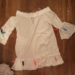 Off-Shoulder White Cover- Up Surf Gypsy Dress with Tassels